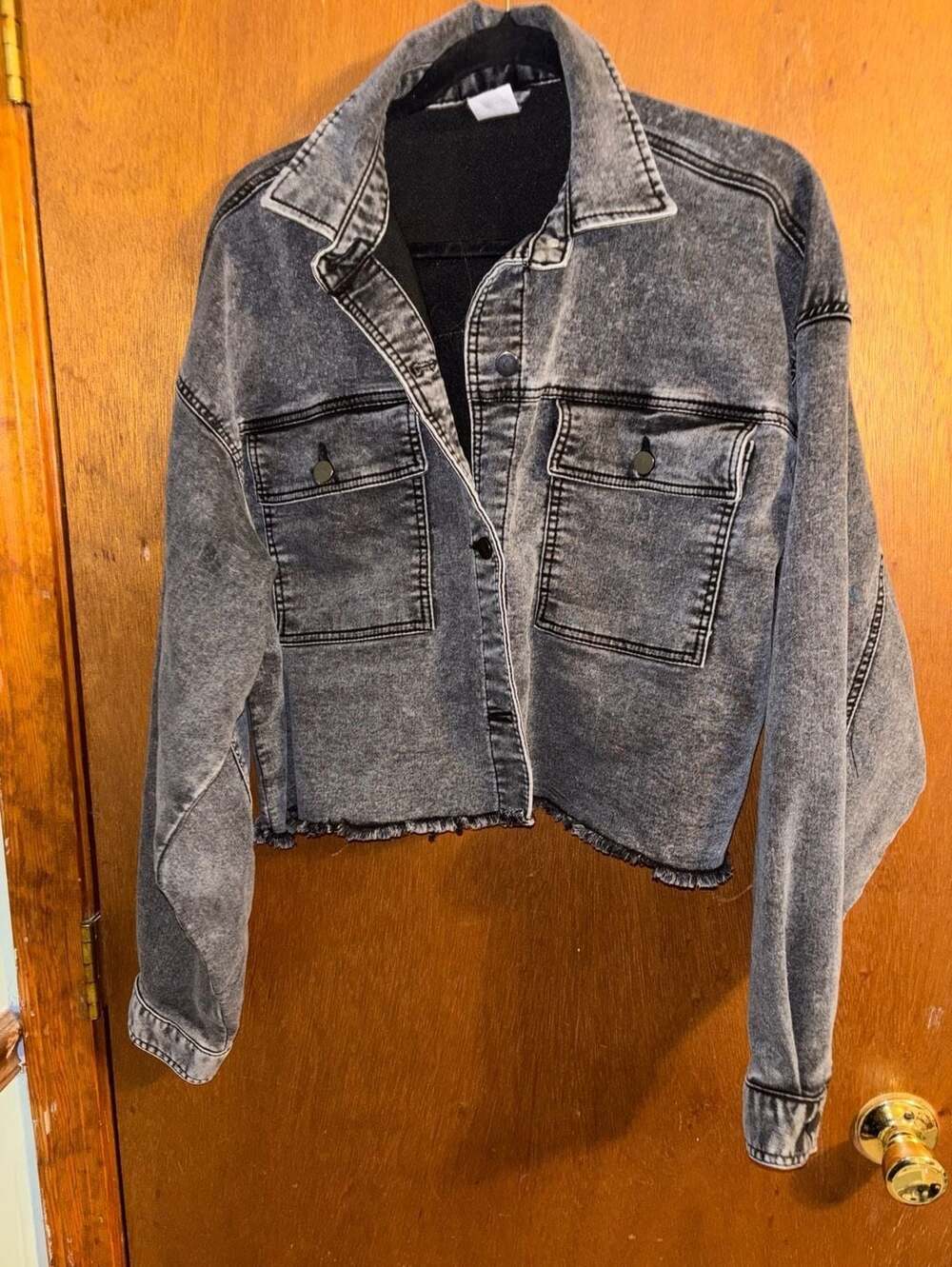 Denim Jacket Cropped Acid Wash Black Size M